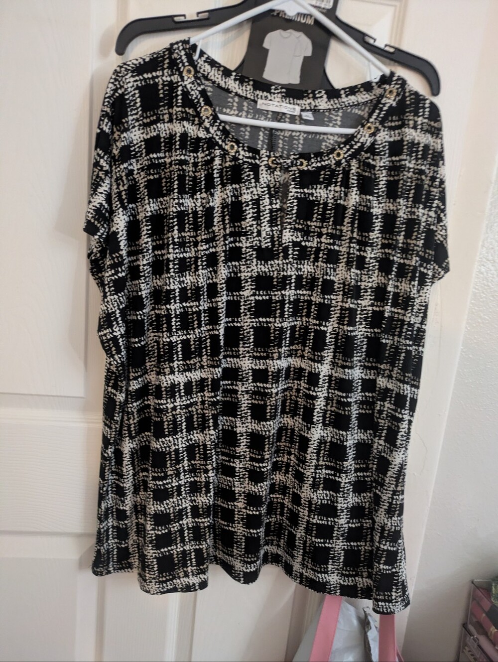 Notations Black & White Check Short Sleeve Tunic with Grommet Neck